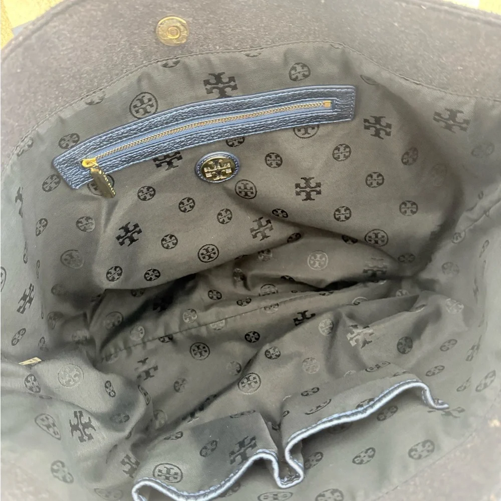 Tory Burch Emma Gray Wool & Metallic Blue Leather Tote‎ Bag